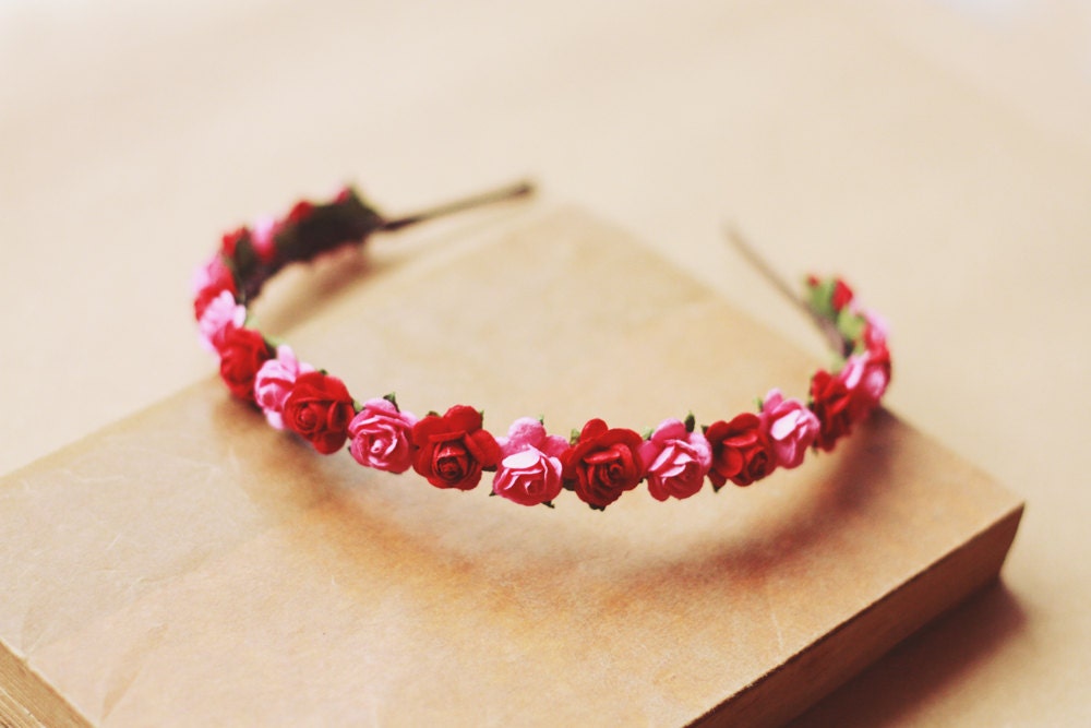 little rosie headband - red and pink, paper flower rose headpiece, hair wreath, nature inspired, whimsical, woodland.