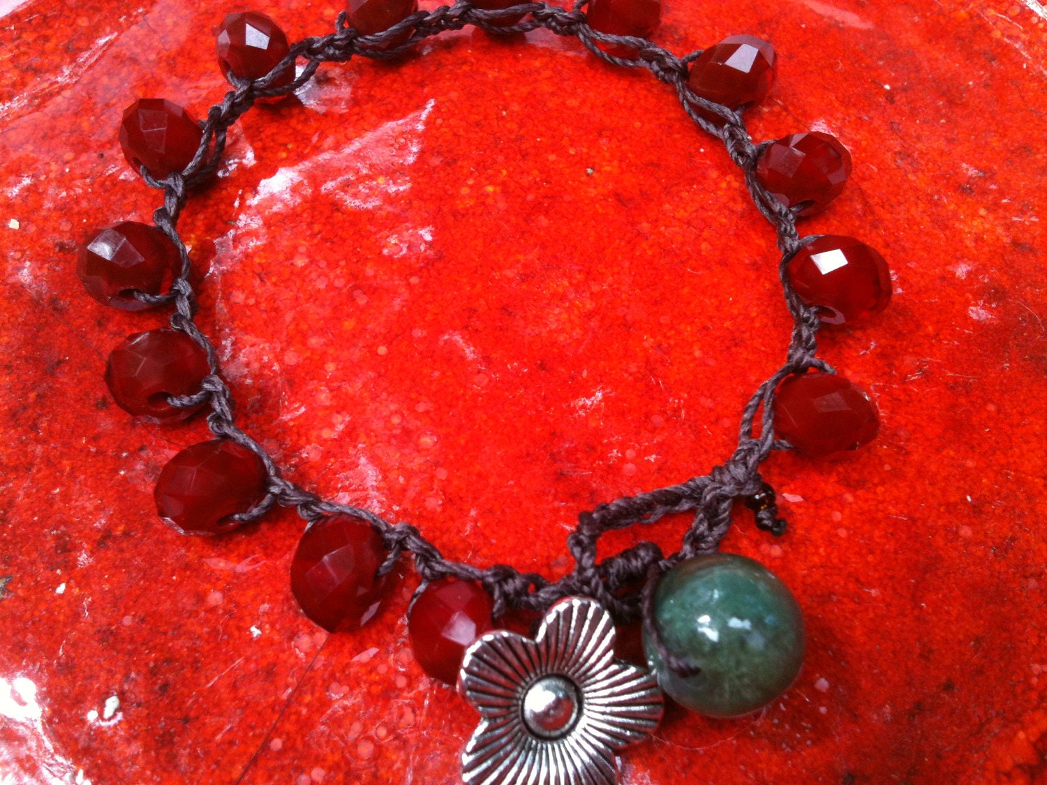 BERRY Red BEAUTIFUL Beaded Flower Charm Bracelet