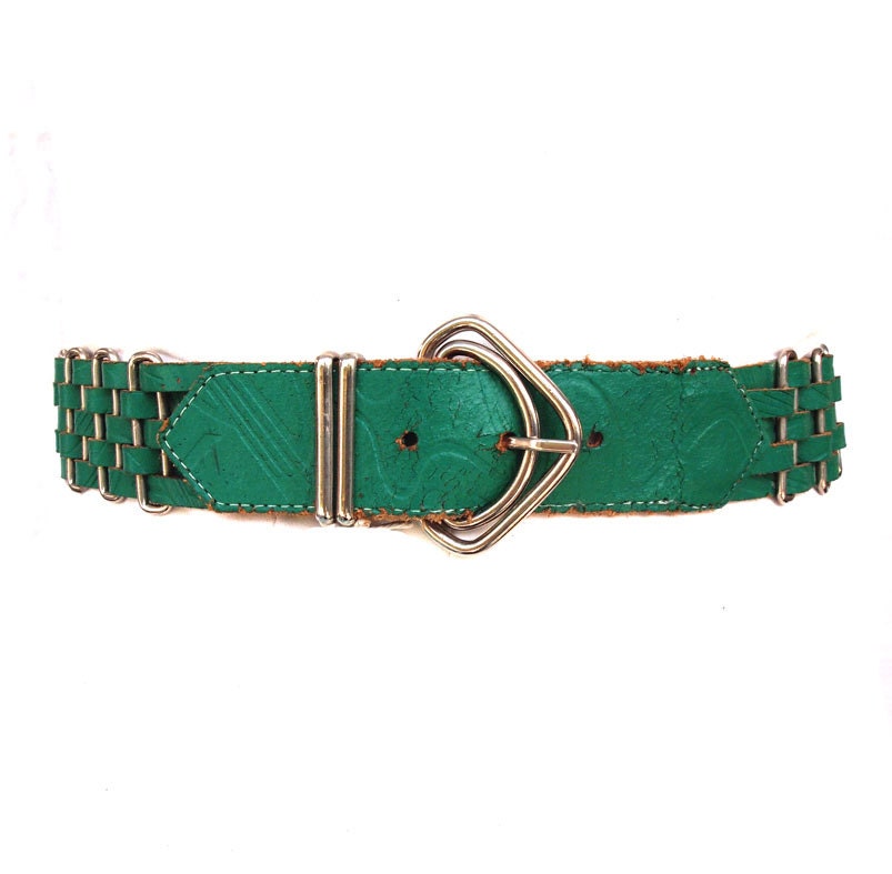 Green with Envy, French Vintage, Emerald Green Leather Waist Belt, from Paris - dandeliondaydreamer