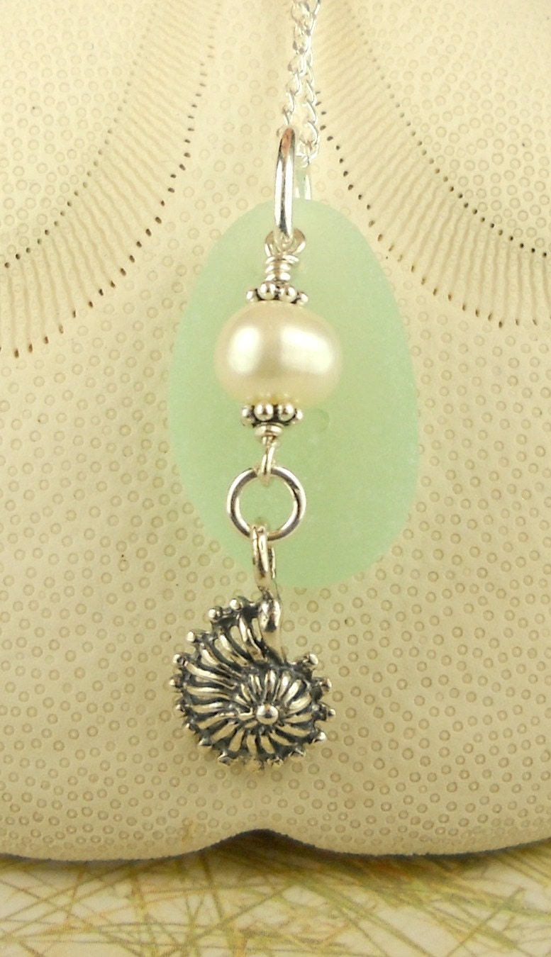 Wire Wrapped Pearl Sterling Silver Shell GENUINE Aqua Sea Glass Necklace