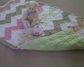 Cot bed quilt pink yellow heather, green birdhouses, girls, cuddle quilt,