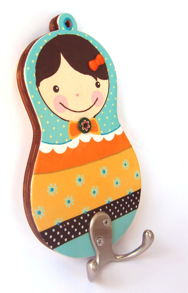 Coat rack Matryushka Peg Rack- "Michal" model orange and Turquiose Matryushka doll- for kids room home decor by gala studio