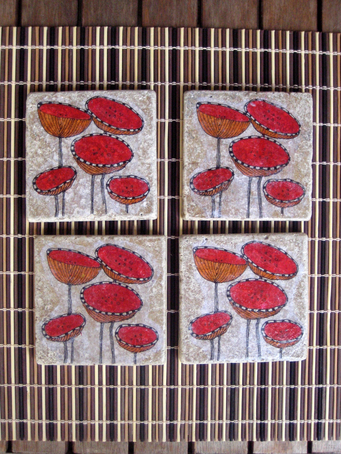 TILE COASTERS POPPY flower handmade with original artwork-set of 4 red orange