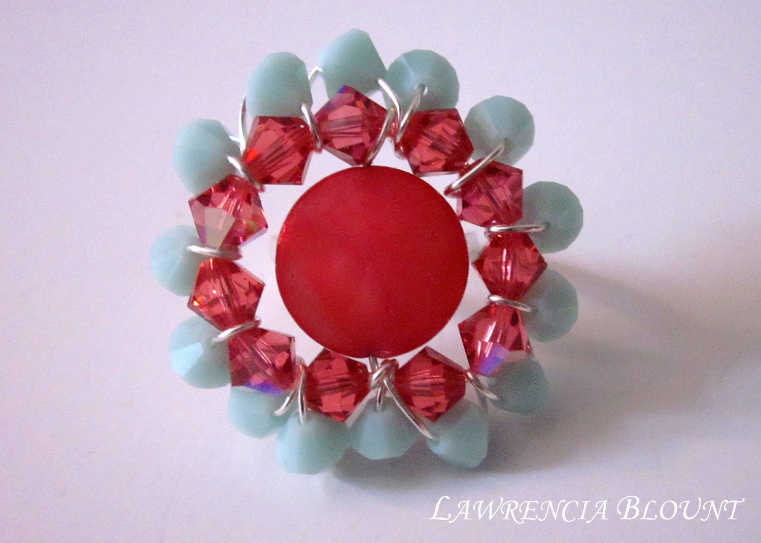 SALE - 50% OFF CLEARANCE Vintage Inspired Color Block Watermelon & Coral, and Mint Green Swarovski Crystal Wire Wrapped Statement Ring