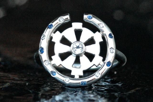 Sterling Silver Engagement Ring with Diamonds, Blue Sapphires, and White Topaz, Star Wars and Imperial Insignia Inspired, Made To Order