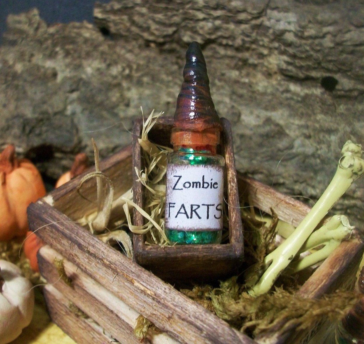ZOMBIE FARTS Extract  In A Crate, Magic Potion Essential in Miniature Glass Bottle with Dragon Horn Stopper, 1.75 inches