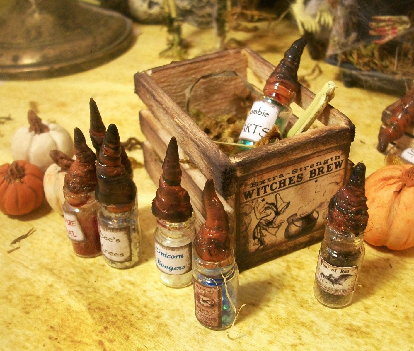 Case of 8 Mini Magic Potions, Bat Turds,Vampire Druel, Zombie Farts etc, Miniature Bottles,Dragon Horn Stoppers in Wood Crate, FREE Scrolls