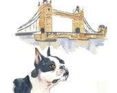 Boston Terrier Watercolour Painting, London, Travel Art, Dog Watercolor, Dog Art, 8x10 Painting