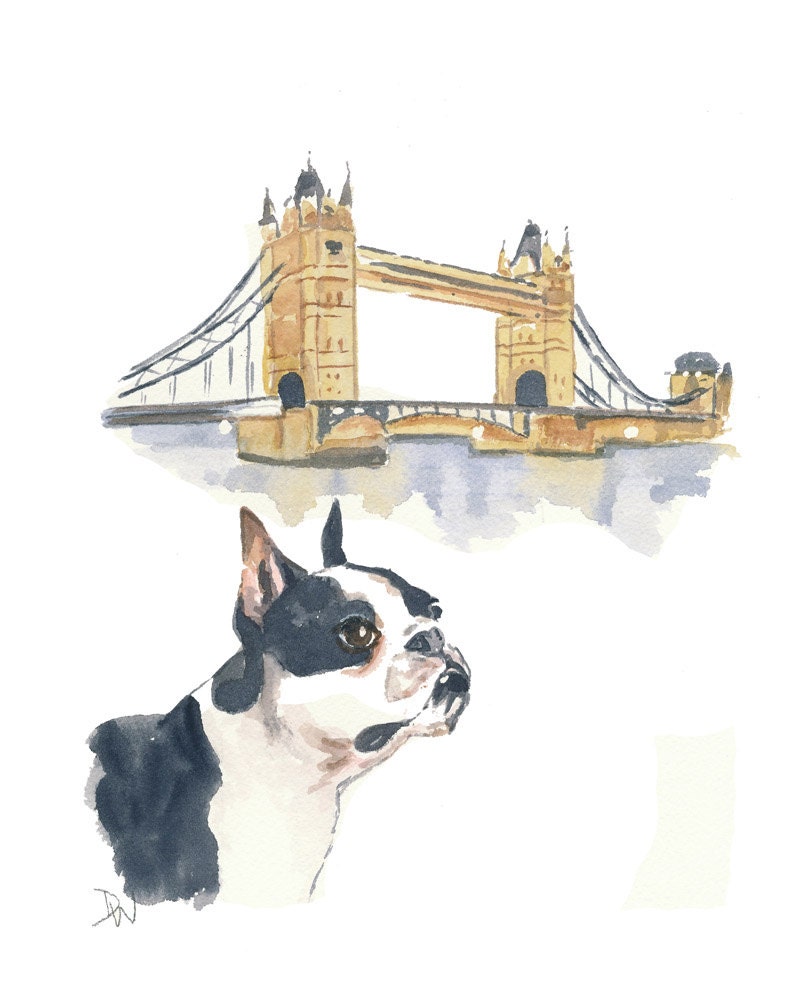 Boston Terrier Watercolour Painting, London, Travel Art, Dog Watercolor, Dog Art, 8x10 Painting