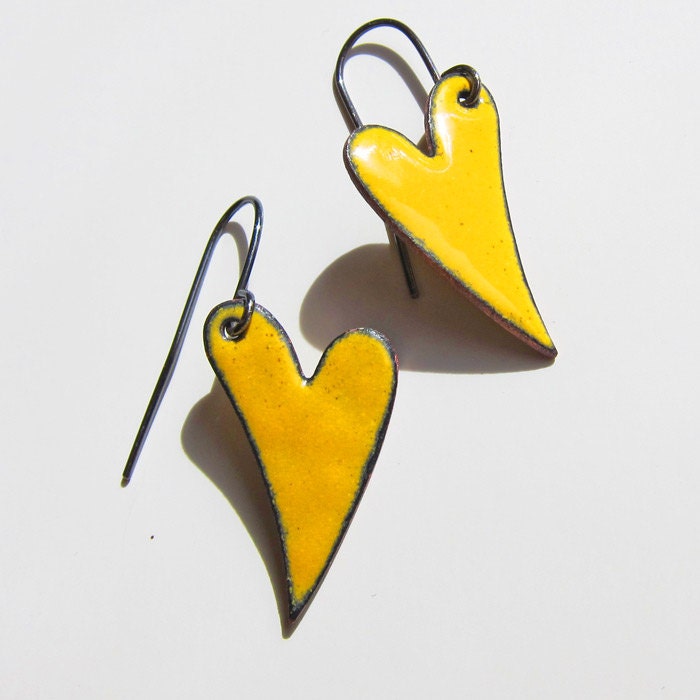 Mustard Yellow Heart Earrings, enamel jewelry, bohemian dangles simple everyday
