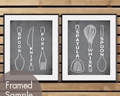 Spoon Knife Fork and Spatula Whisk Spoon - Set of 2 8x10 Prints Kitchen Utensil Art (Featured in Charcoal)