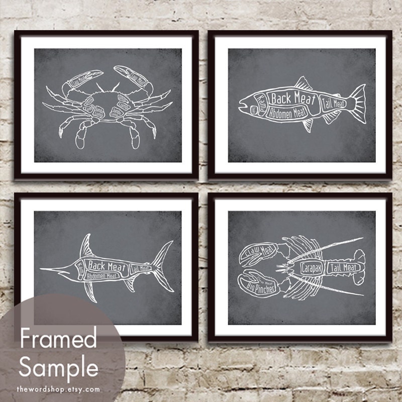 Crab, Salmon, Swordfish and Lobster Butcher Diagram Seafood Series - Set of 4 11x14 Prints (Featured in Charcoal)