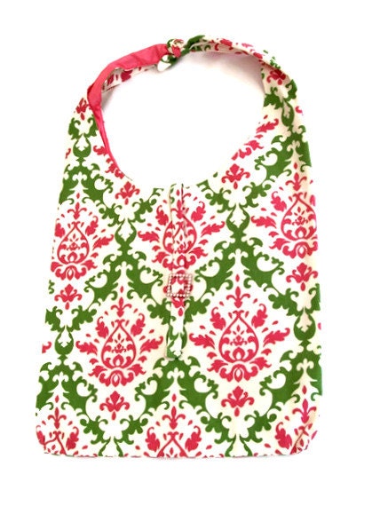 Large Hobo Bag Purse Bright Pink and Green Damask