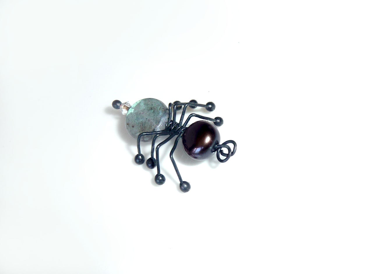Black Spider - Black Pearl and Labradorite Oxidized Sterling Silver -  Hair Pin or Plant Friend - Spider Jewelry - Tagt