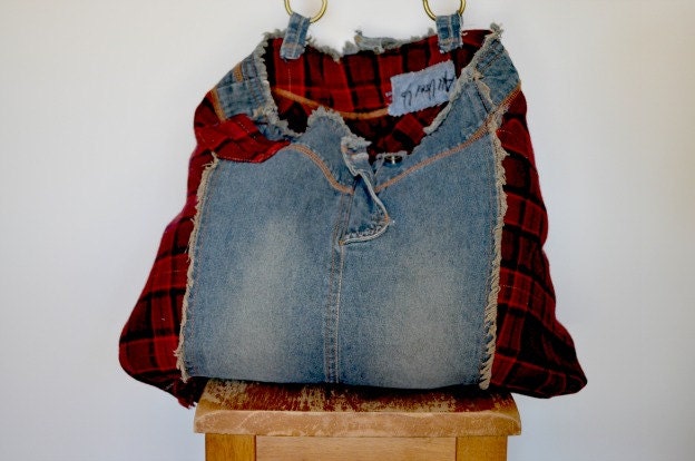 Denim & Red Plaid Purse, All Recycled denim bag, Mothers Day, Upcycled Handle,