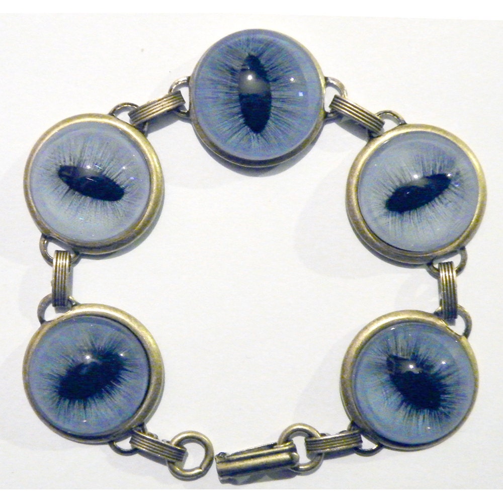 Goth Steampunk Blue Glass Cat Dragon Eye Gothic Golden Brass Bracelet