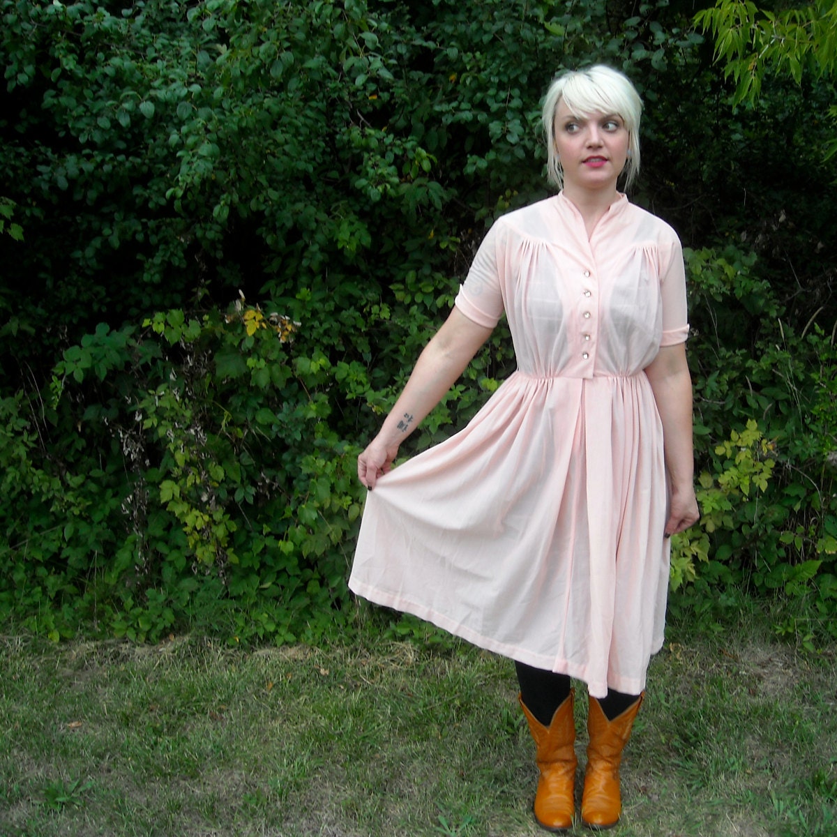 Spring Dress 1950s Vintage Day Dress Full Skirt Rhinestone Pastel Pink Rockabilly