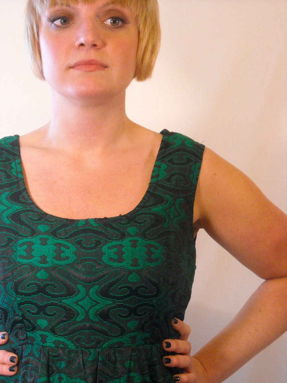 Vintage Party Dress Formal Evening Gown Brocade Emerald Green 1960s Holiday Fashion
