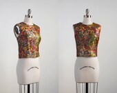vintage 60's crop top. 1960's colored tank. watercolor. colorful. sleeveless. m. gold metallic top 60.