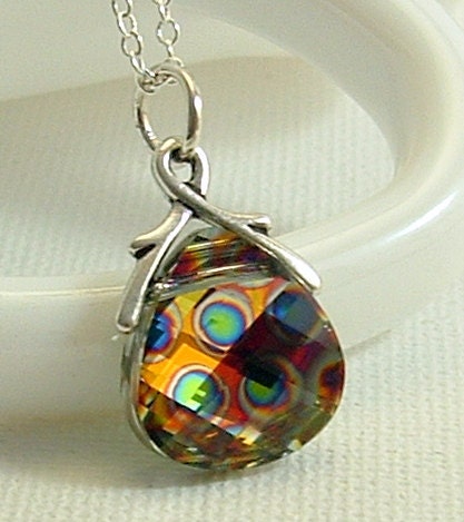 Shipping Peacock Eye Necklace - Rainbow Colors Flat Pear Swarovski Briolette Teardrop Pendant on Sterling Silver Chain