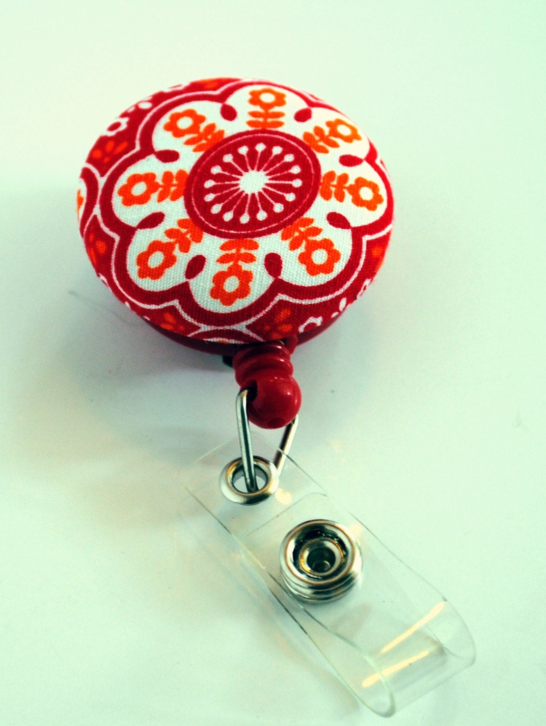 Red and Orange Floral Fabric Covered Badge Reel, ID Holder OR Keychain