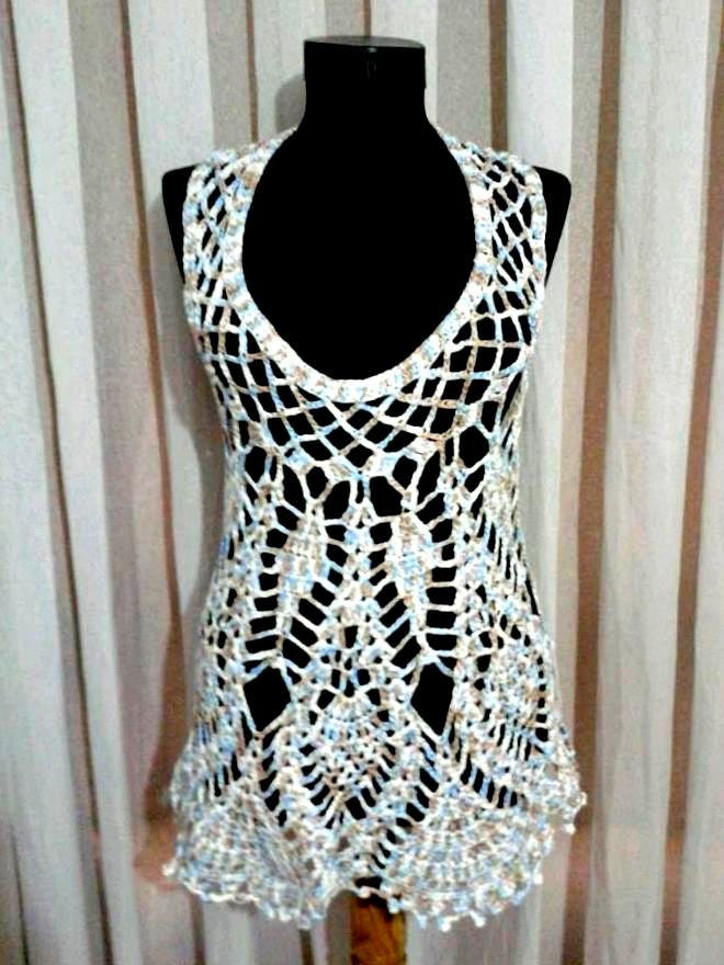 Crochet Multicolor Top Tank Tunic with Pineapple Motif Swimsuit Cover Up Beachwear Wedding Festival Top Spring Summer Women Clothing