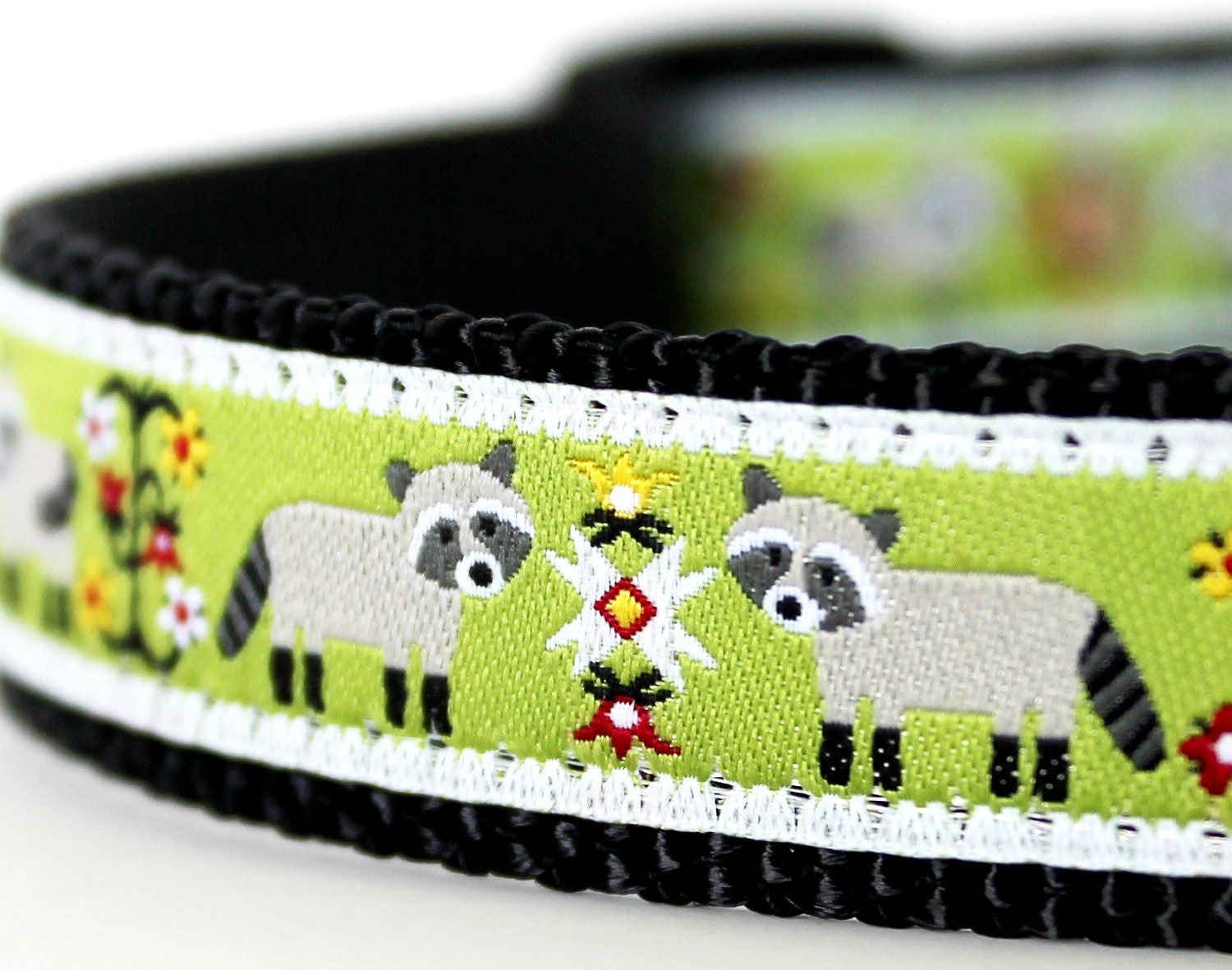 Raccoon Dog Collar on Green / Adjustable / Premade Medium