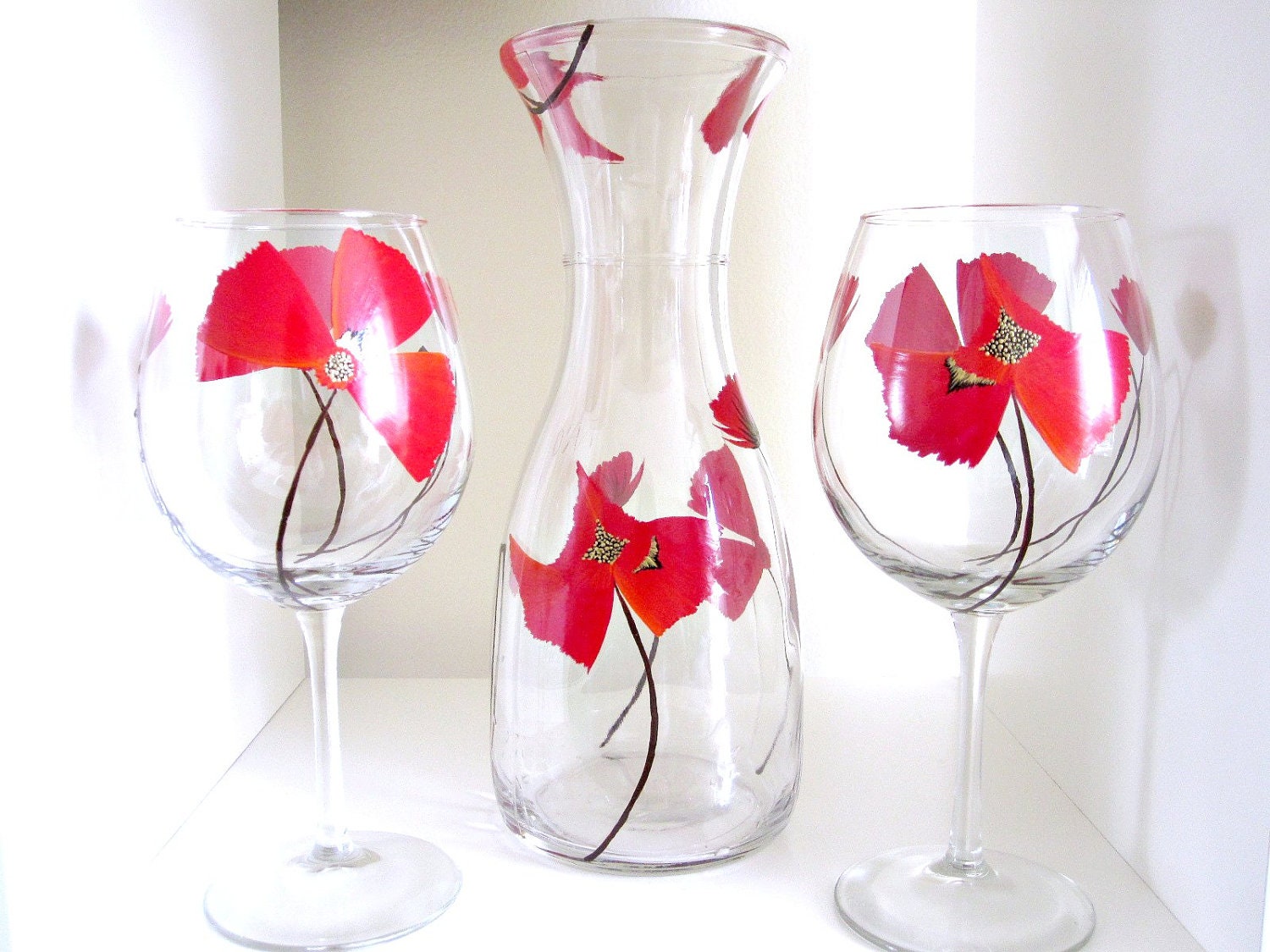 Wine Glasses and Decanter Red Poppies- 3 Piece Serving Set