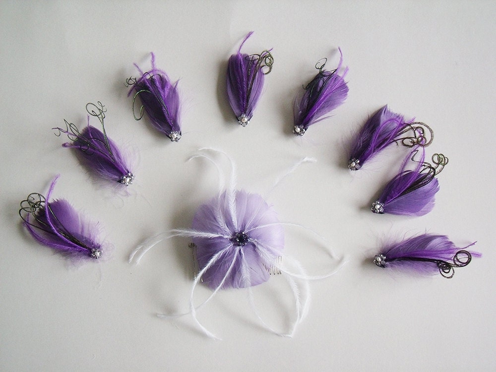 Purple Feather Flower With (8) Purple Bridal Party Feather Hairclips With Curled Peacock Accents