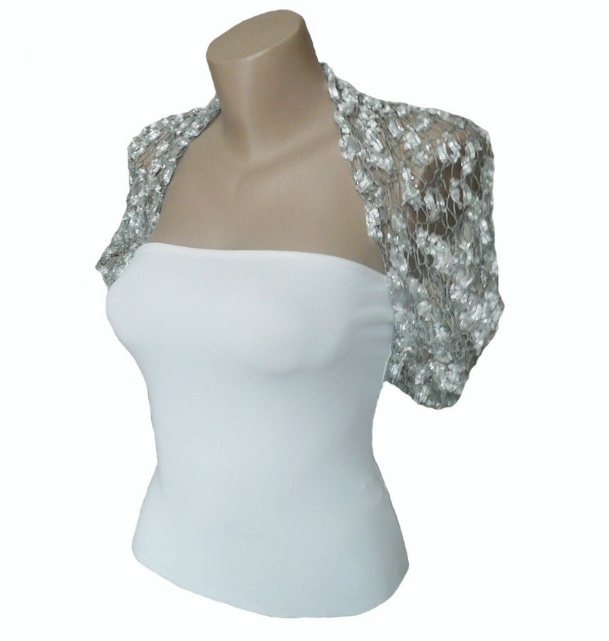 Hand Knit Silver White Bolero Sleeves Shrug Wrap by MilenaCh