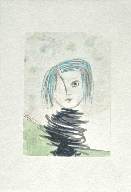 Amelia in the Wind-  8 1/2 x 11"Mixed Media Watercolor and Archival Inks- Pale green. Blue, Sepia, Black and White Background