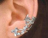 925. Spring Leaf branch - Sterling Silver ear cuff earrings, Non pierced earcuff jewelry 110412