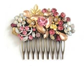 Wedding haircomb - bridal jewelry - Wedding head piece - Bridal haircomb in pink and gold - Shabby chic vintage collage haircomb