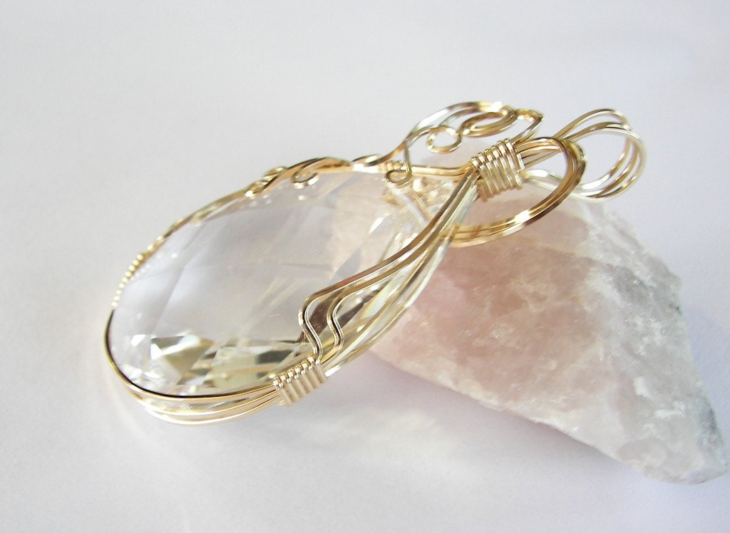 14K Wire Wrapped Faceted Fire and Ice Crystal Pendant
