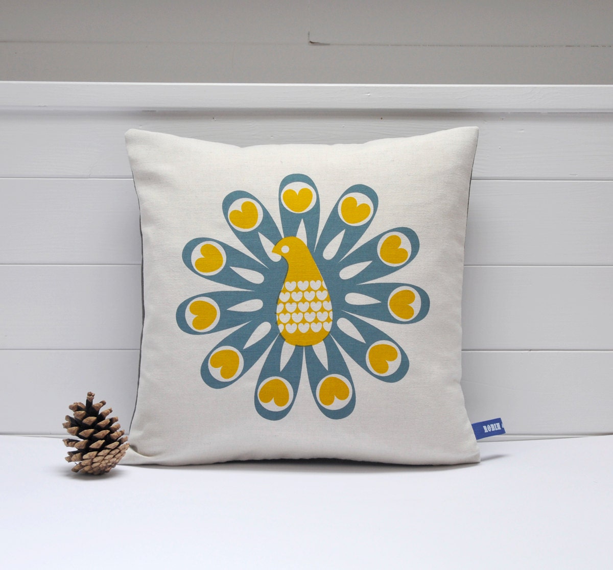 Hand Screen Printed Peacock Cushion Cover in Grey Blue & Mustard Yellow - robinandmould
