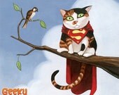 Supercat - 8 x 8 art print - kitty dressed up like superman stuck in a tree cape bird sky puffy cloud