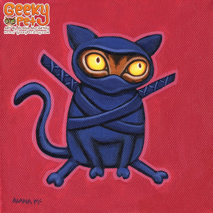NinjaCat - 8 x 8" art print - funky kitty dressed up like a ninja hot pink red purple