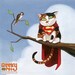 Supercat - 8 x 8 art print - kitty dressed up like superman stuck in a tree cape bird sky puffy cloud