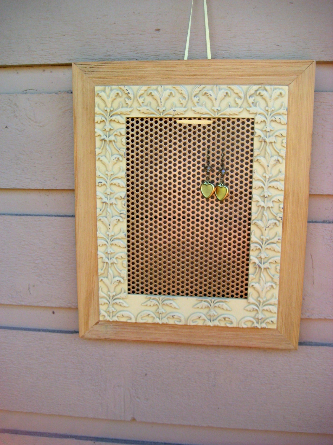 Earring Holder and Jewelry display organizer in a wood frame with ceramic acanthus leaf detailing