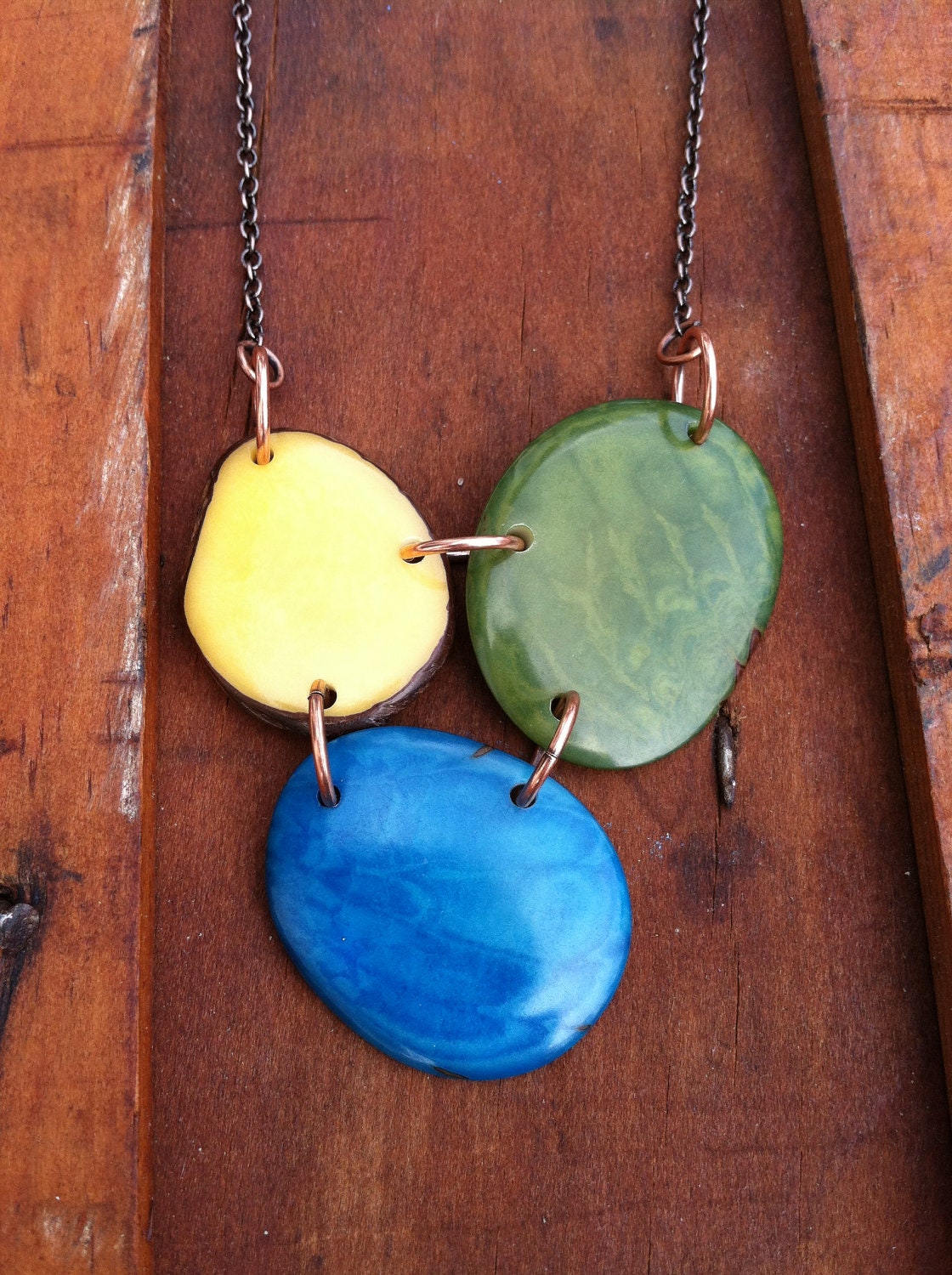TAGUA nut bib statement necklace - Vegetable Ivory - Blue, Yellow & Green - for charity