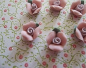 Sweet Pink Ceramic Rose Flower with Green Leaf Flat Back 8mm Cabochons Qty 6