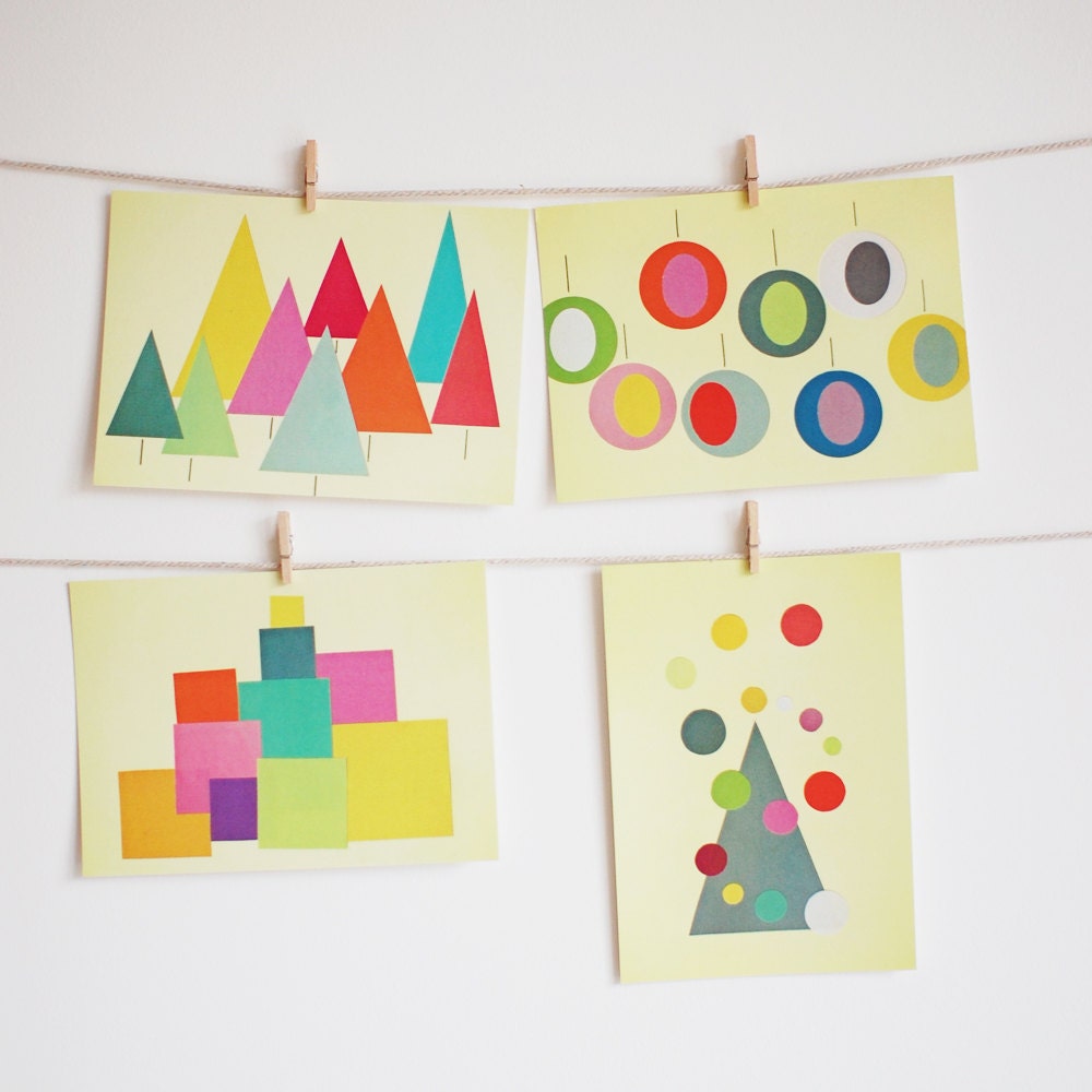 20% SALE Christmas Collection - Geometric, art postcards, mid century style, Christmas decor, paper decorations, postcard set