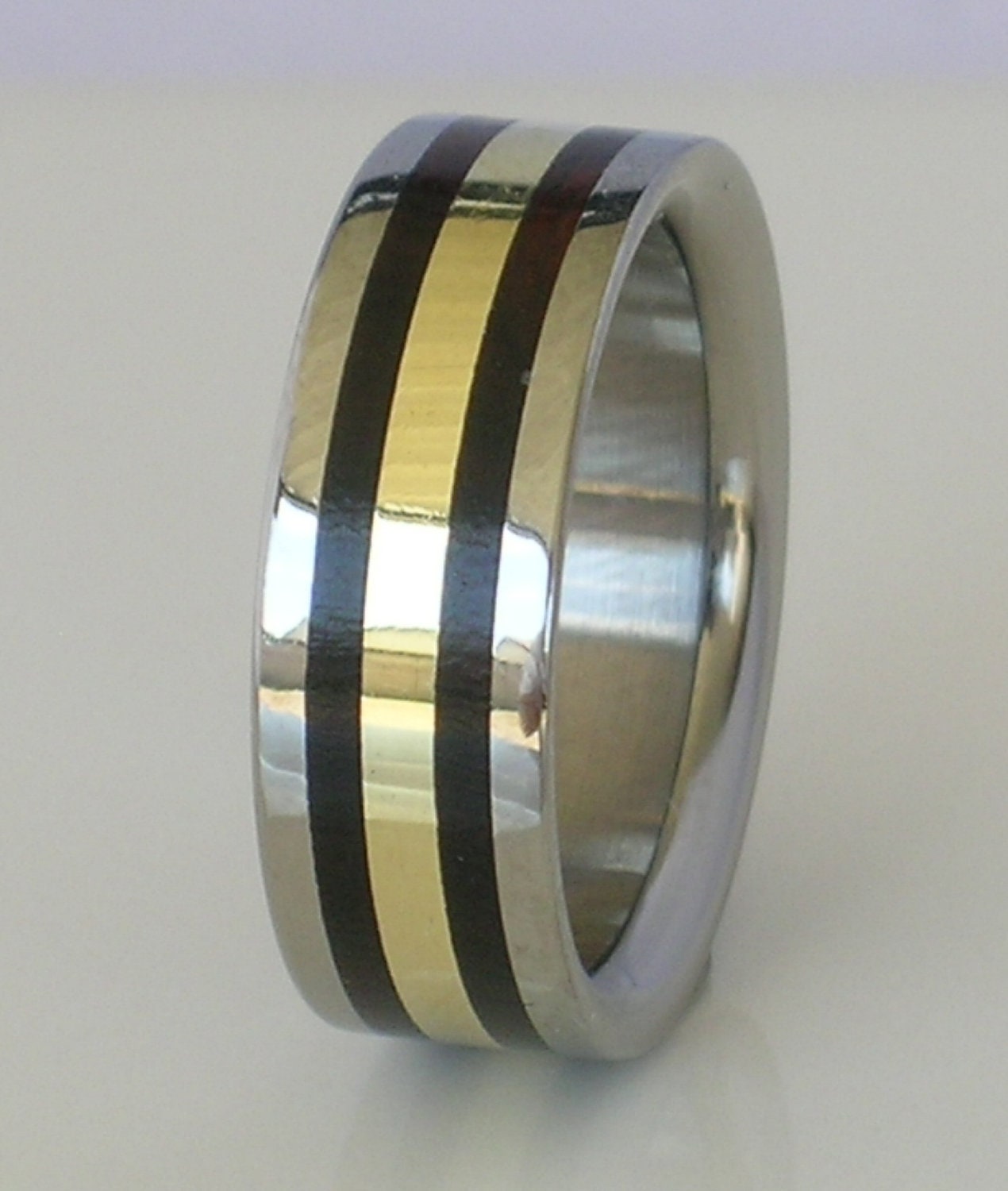 Titanium 14kt Yellow Gold & Black Ebony Exotic Wood Wedding Ring 8mm Mens or Ladies Band