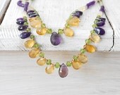 Multicolor Gem Necklace, Citrine Amethyst Peridot Double Strand Necklace, OOAK Jewel, Statement Jewel, Glamorous Bijoux, Gift for Her - SunSanJewelry
