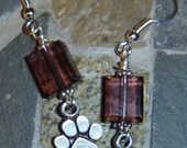 Paw print earrings with purple rectangle crystal beads
