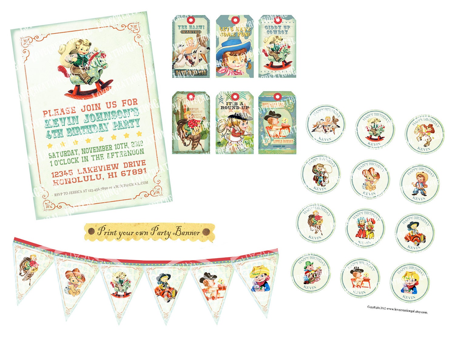 Digital PRINTABLE Party Package Vintage COWBOY Boy Girl Tea Birthday Invitation Banner Cupcake Topper Label Gift Favor Tag Cards Sheet PP12