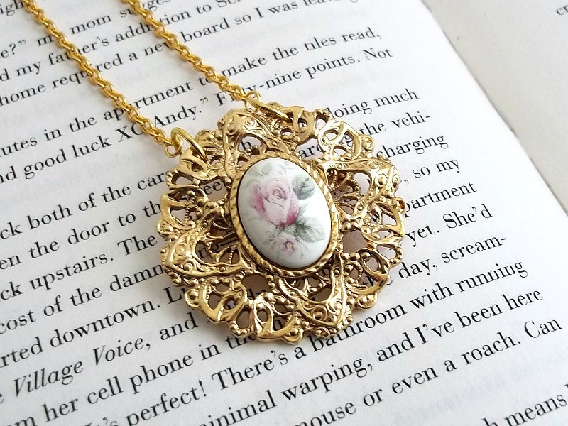 Vintage Gold Brooch Necklace - Floral Cabochon - Upcycled -  Shabby Chic