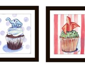 Children's Wall Art Dinosaur Cupcake Art Prints - Childrens Room Decor - Nursery Art - 2 Cupcake Watercolor Art Prints, 8x10