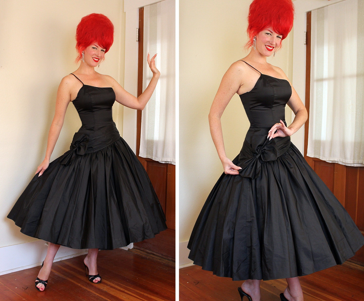 DECADENT 1950's Style Couture New Look Inky Black Taffeta One Shouldered Party Dress w/ Dramatic Hip Line w/ 3D Bow - Dior - VLV - Size M