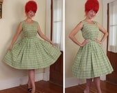 ADORABLE 1950's New Look Celery Green Plaid Crisp Cotton Sun Dress w/ Matching Buckle Belt - Buttons Up Entire Front - VLV - Pinup - Size M